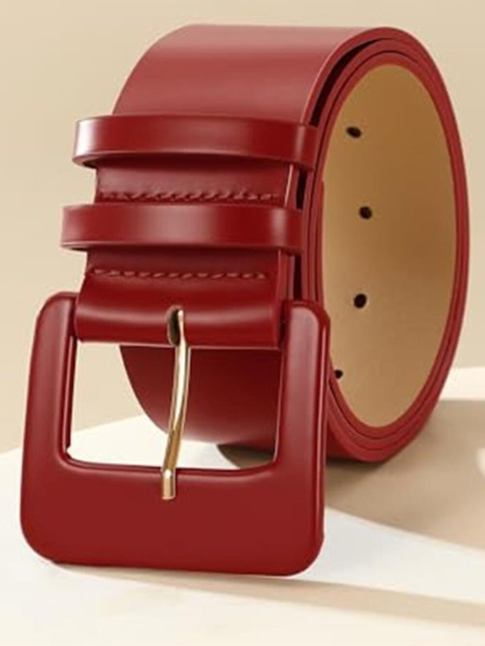 Red Wide Leather Belt 2.13" Square Buckle Statement Waist Belt